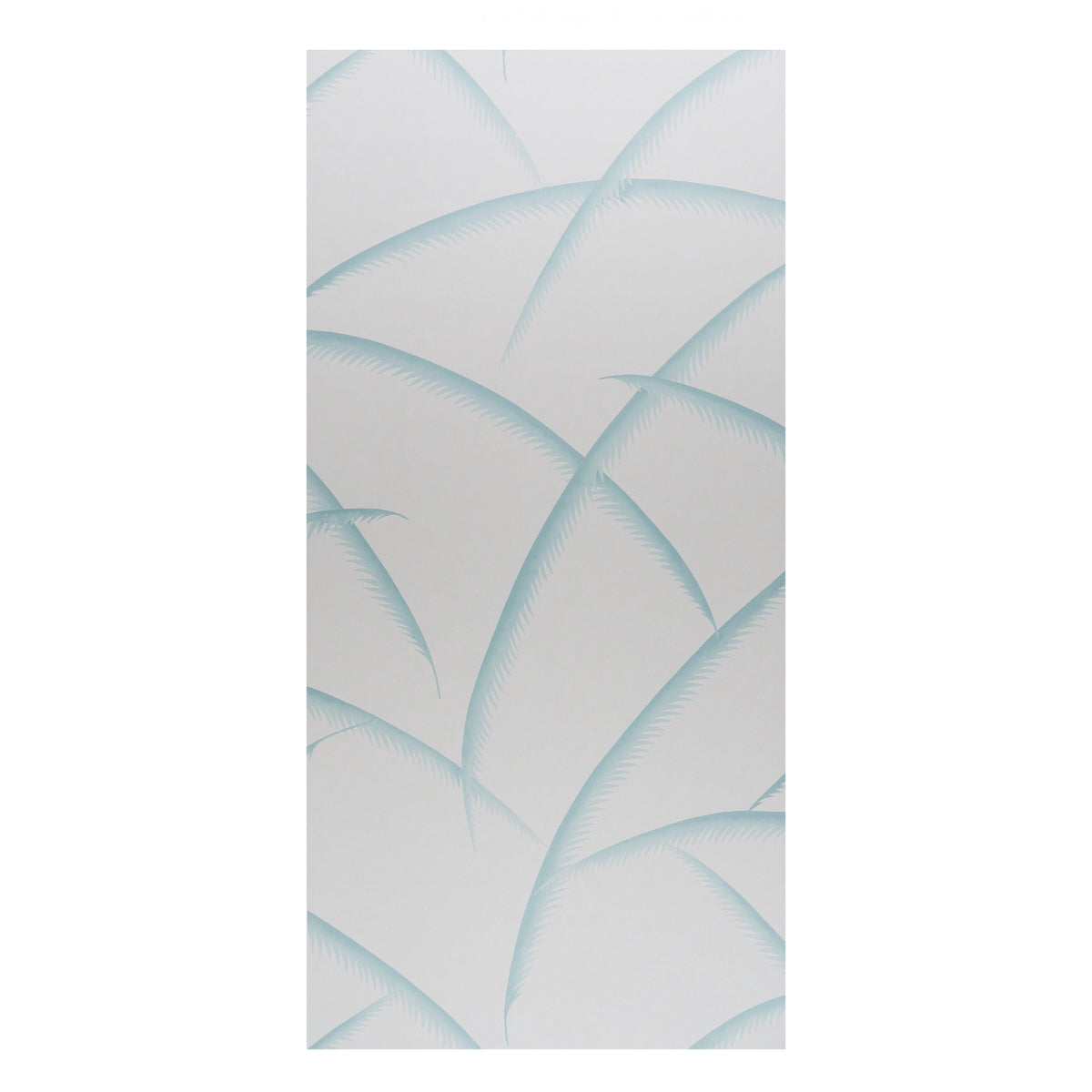 Tall abstract wallpaper panel featuring pale blue palm motifs on a soft gray background.