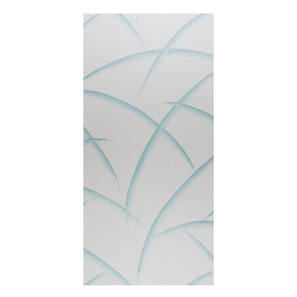 Tall abstract wallpaper panel featuring pale blue palm motifs on a soft gray background.