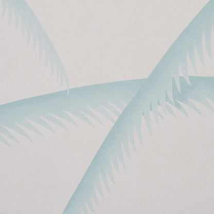 Pastel teal palm frond pattern with intersecting leaves on a light neutral background.