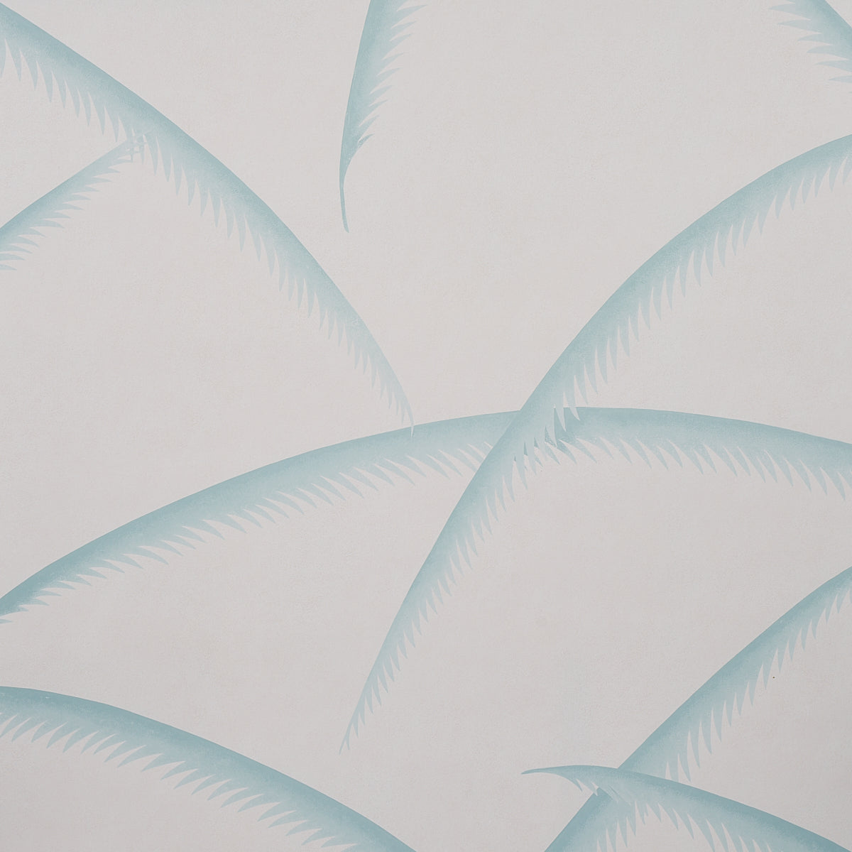 Light blue palm frond pattern wallpaper on white background; tropical, airy botanical design.