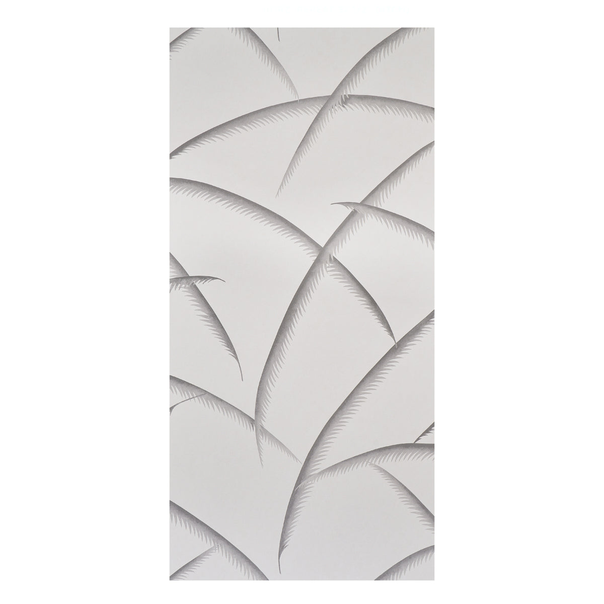 Gray-scale abstract palm leaves motif with curved fronds and fine serrated edges.