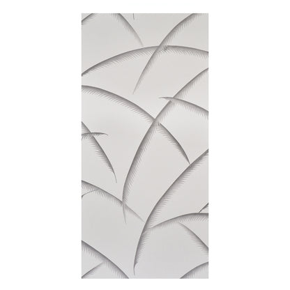 Gray-scale abstract palm leaves motif with curved fronds and fine serrated edges.