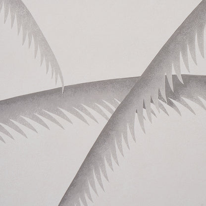 Charcoal palm leaf pattern on a light background; abstract tropical frond design for wallpaper & fabric.