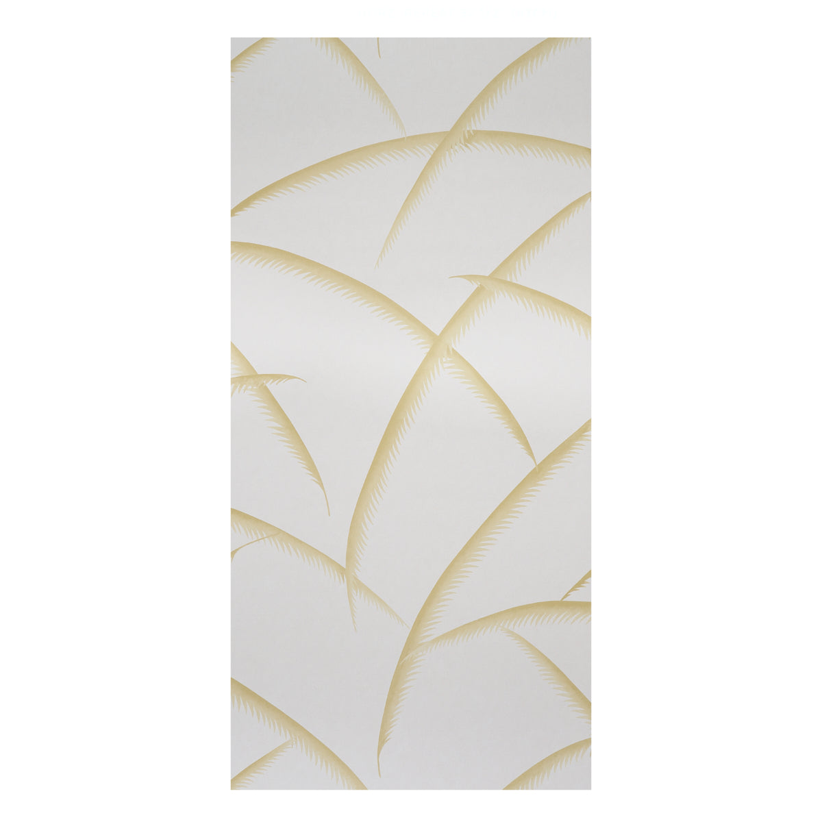 Tall wallpaper swatch with cream background and pale gold palm leaves in a tropical botanical pattern.