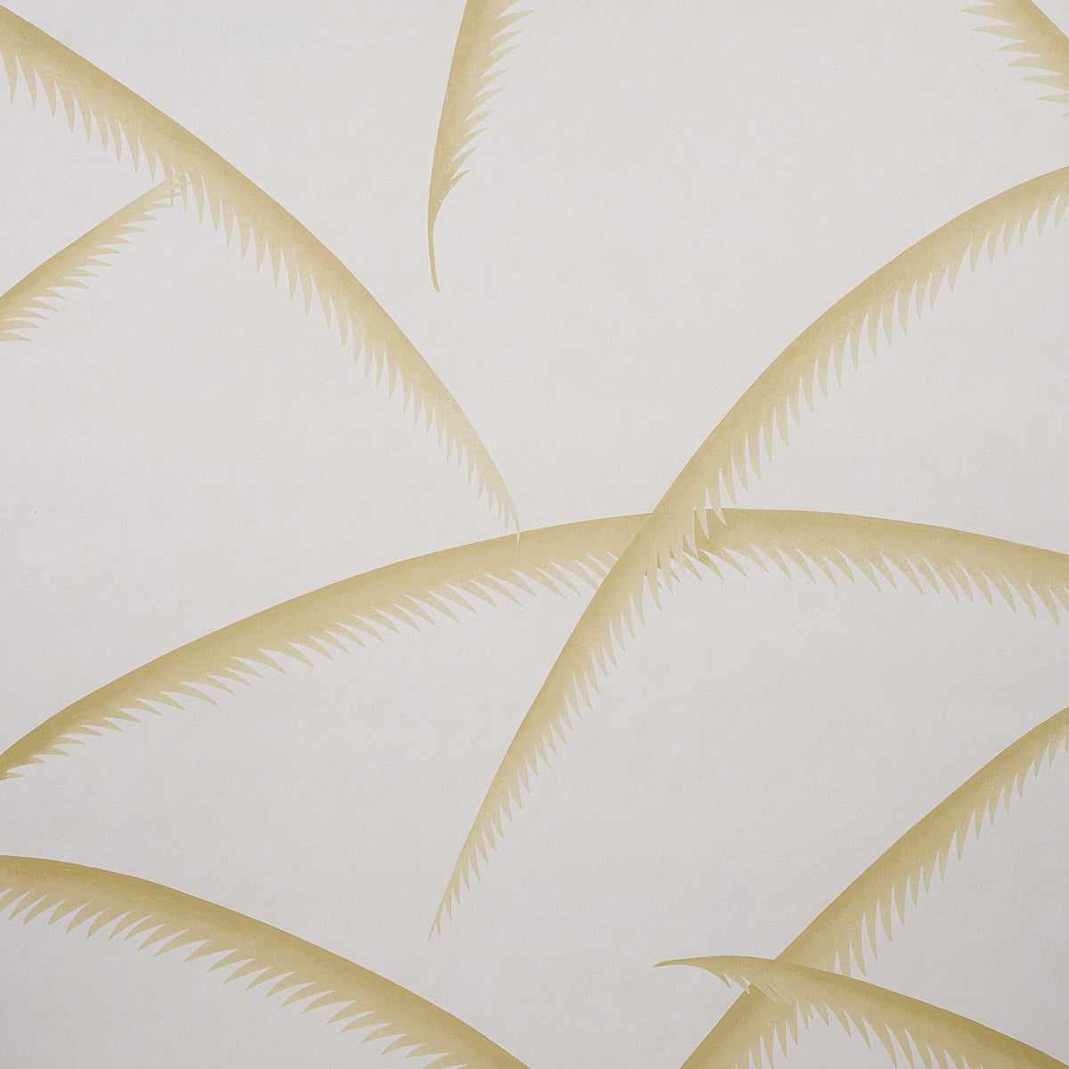 Cream background with pale gold palm fronds in an overlapping curved tropical wallpaper pattern.