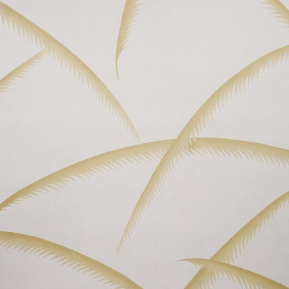 Cream background with pale gold palm fronds in an overlapping curved tropical wallpaper pattern.