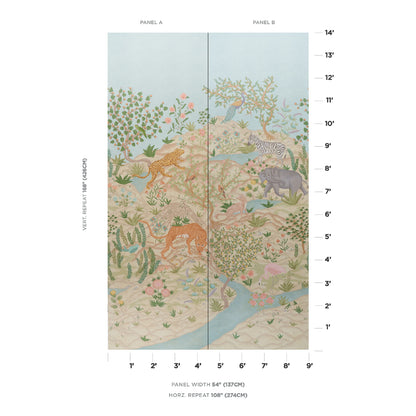 Two-panel finches jungle wallpaper mural in parchment tones; panels A and B show ferns, trees, a river and finches.