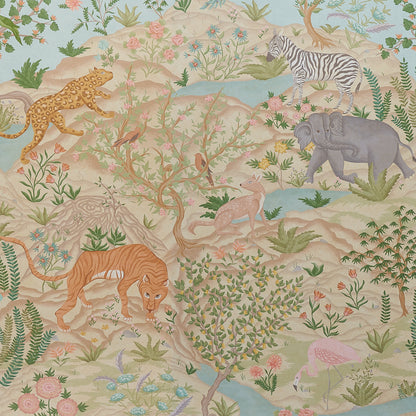 Pastel watercolor-style jungle panel set with cheetah, tiger, zebra, elephant and flamingo amid lush flora.