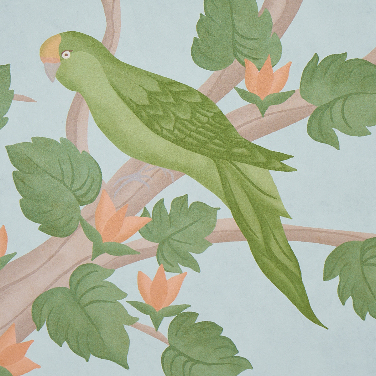 Green finches perched on a branch with tropical leaves and orange blossoms on a parchment background.