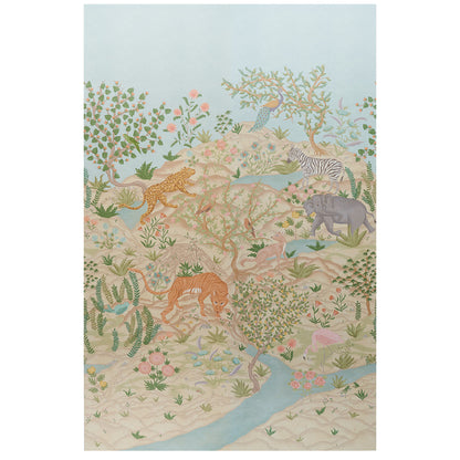 Pastel watercolor scene of a hillside jungle with tigers, leopard, elephant, peacock, a winding blue river and lush plants.