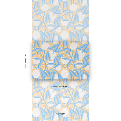 Soft yellow botanical wallpaper on a pale beige background; yellow leaves with white floral clusters in a repeating pattern.