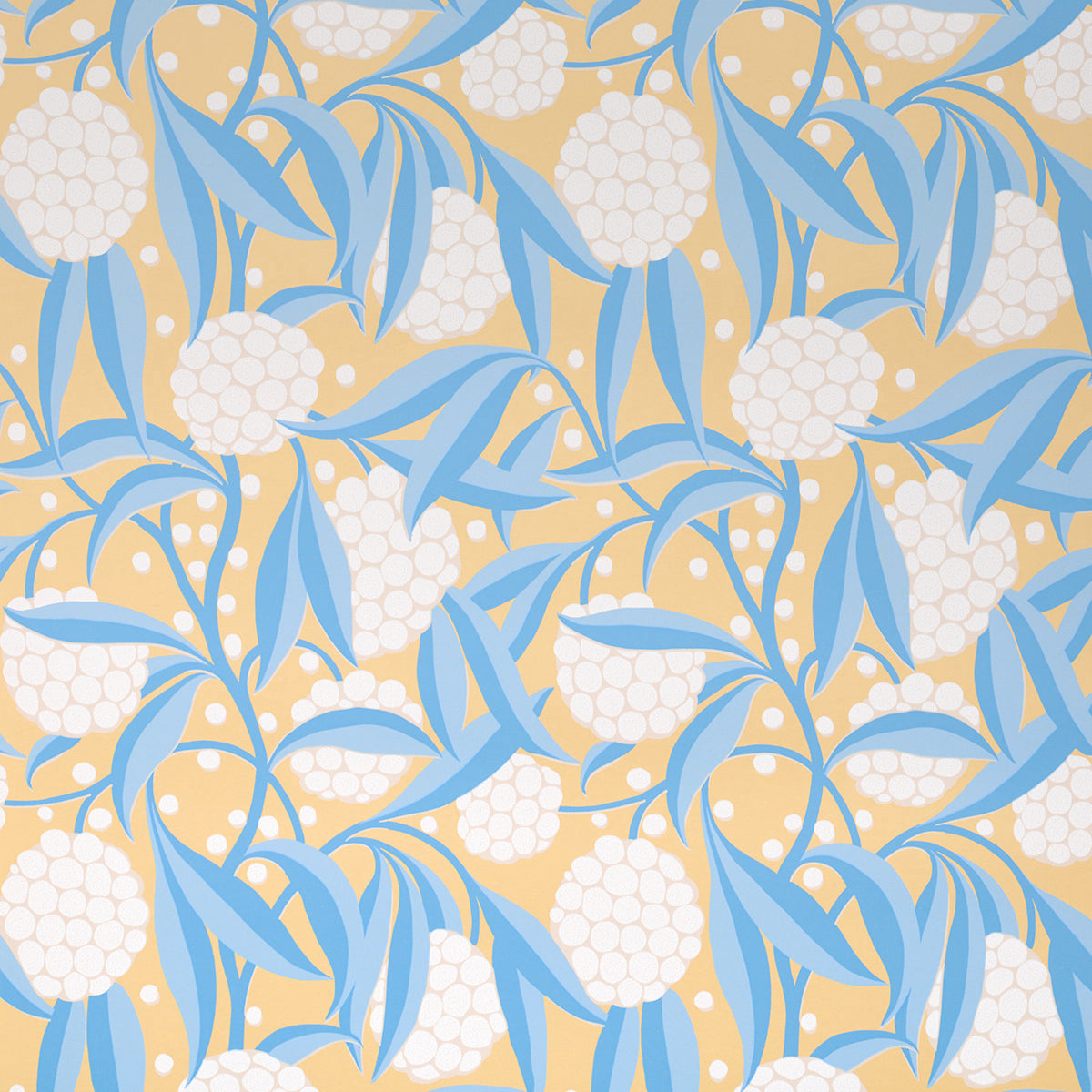 Soft yellow background with white round blossoms and blue leaves in a botanical wallpaper print.