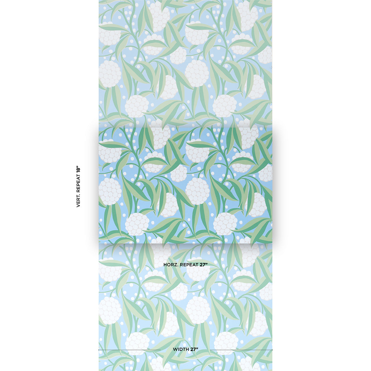Soft blue botanical wallpaper pattern with white spherical flowers and mint-green leaves, repeating design for wallcovering.