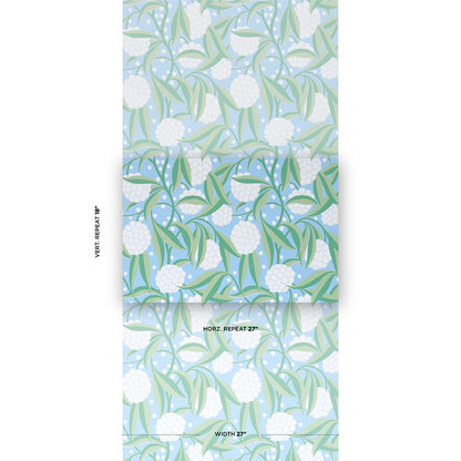Soft blue botanical wallpaper pattern with white spherical flowers and mint-green leaves, repeating design for wallcovering.