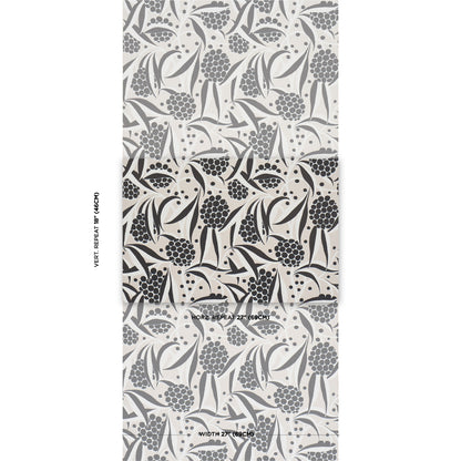 Grey botanical pattern with stylized leaves & berry clusters in a repeating design, suitable for wallpaper or fabric.