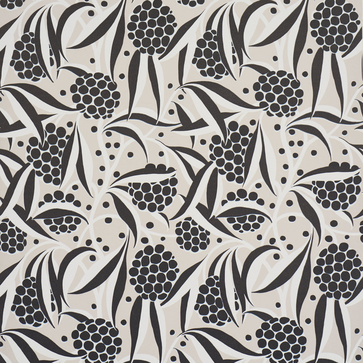 Repeating blackberry cluster motif with curved leaves on a stone background; monochrome wallpaper pattern.