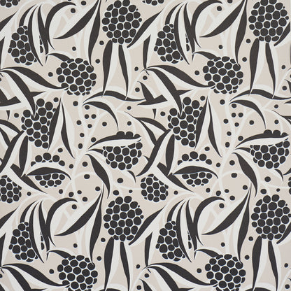 Repeating blackberry cluster motif with curved leaves on a stone background; monochrome wallpaper pattern.