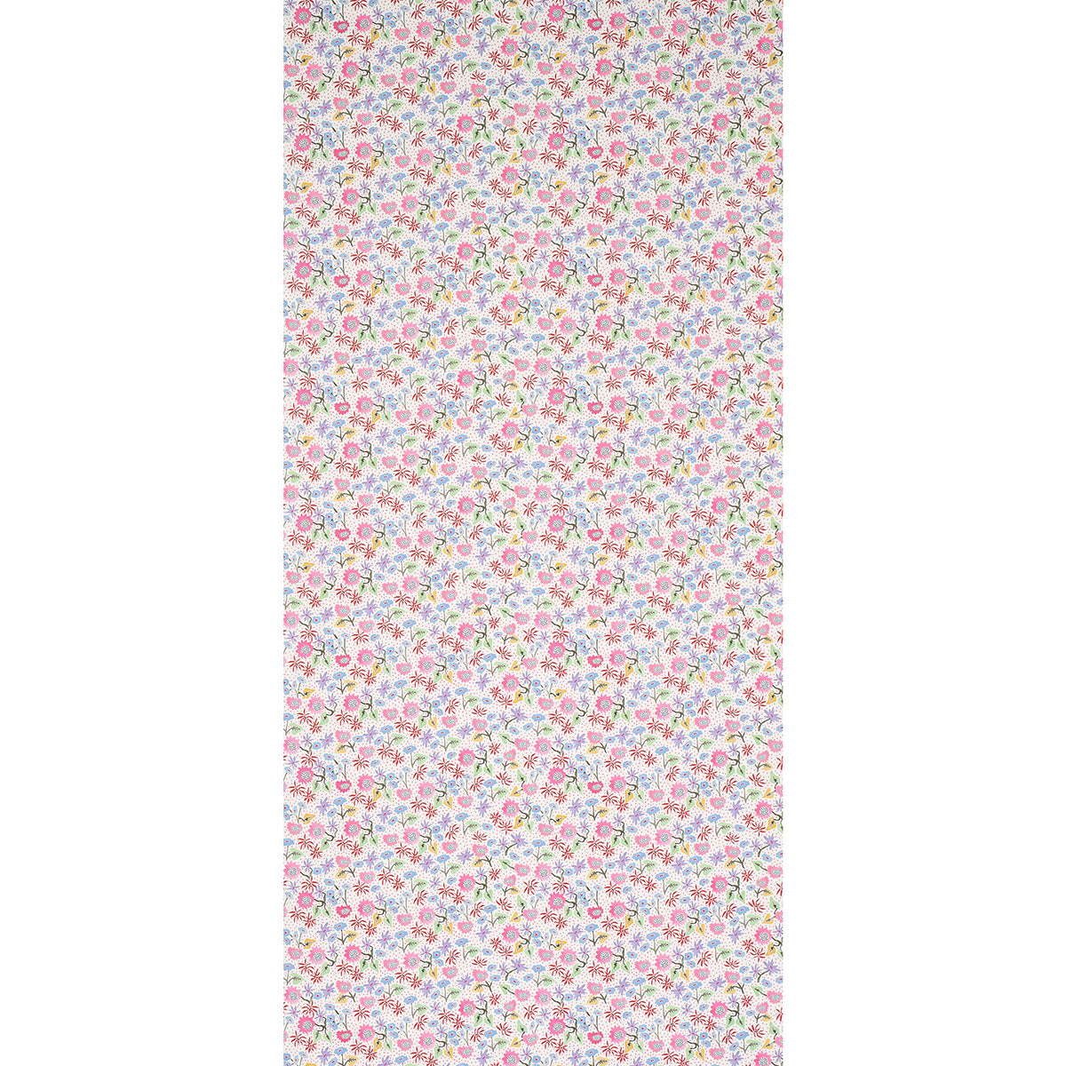 Tiny pastel floral print on pink background; dainty blossoms in pink, blue, yellow; lightweight fabric for sewing.