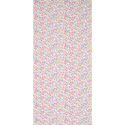 Tiny pastel floral print on pink background; dainty blossoms in pink, blue, yellow; lightweight fabric for sewing.