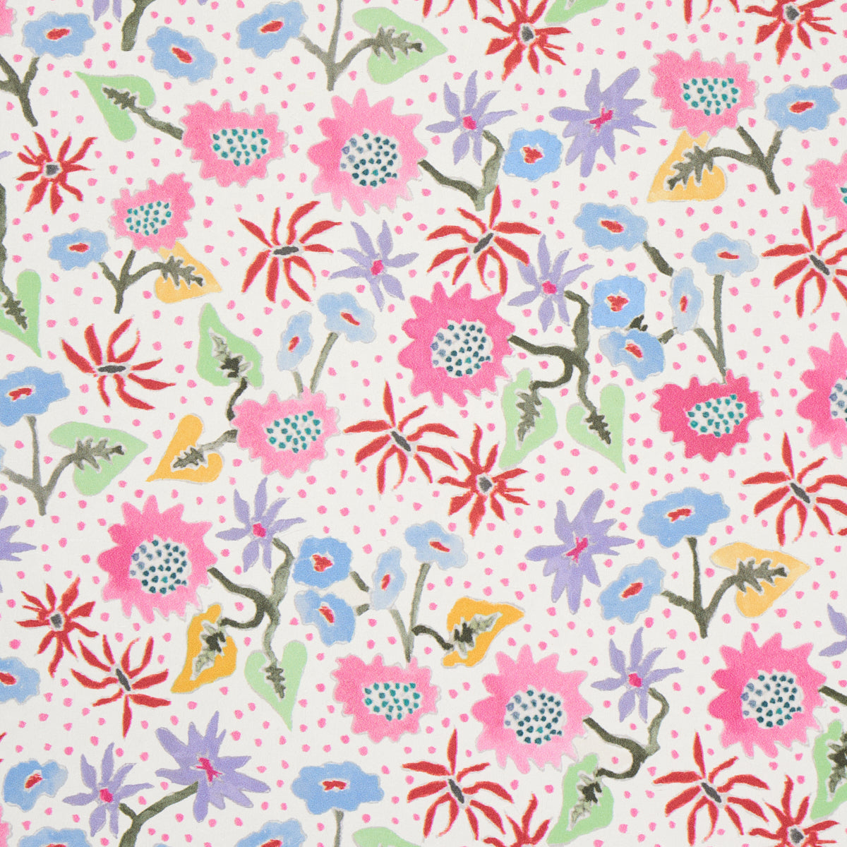 Floral fabric print with pink, red, purple and blue blossoms, green stems, on pale background with pink dots.