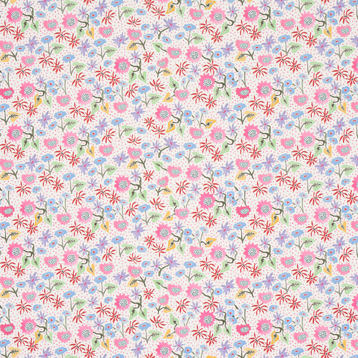 Dense pastel floral print with pink, red, blue flowers and green stems; garden-inspired fabric or wallpaper.