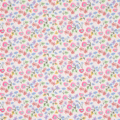 Dense pastel floral print with pink, red, blue flowers and green stems; garden-inspired fabric or wallpaper.
