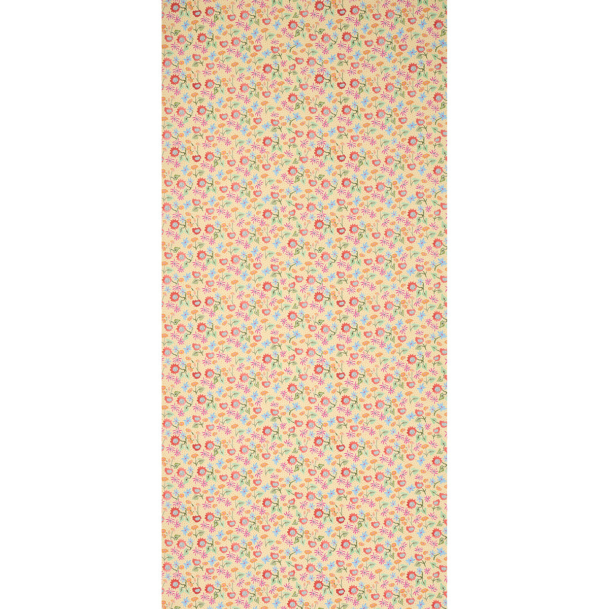 Beige fabric with dense tiny multicolor floral print (pink, blue, yellow); scarf or table runner style.