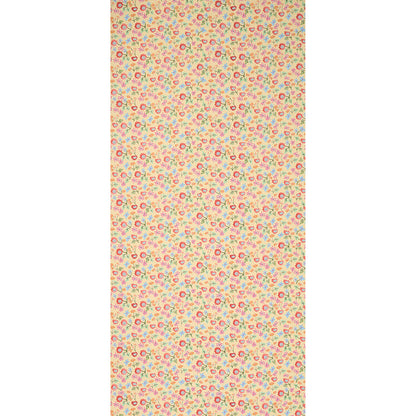 Beige fabric with dense tiny multicolor floral print (pink, blue, yellow); scarf or table runner style.