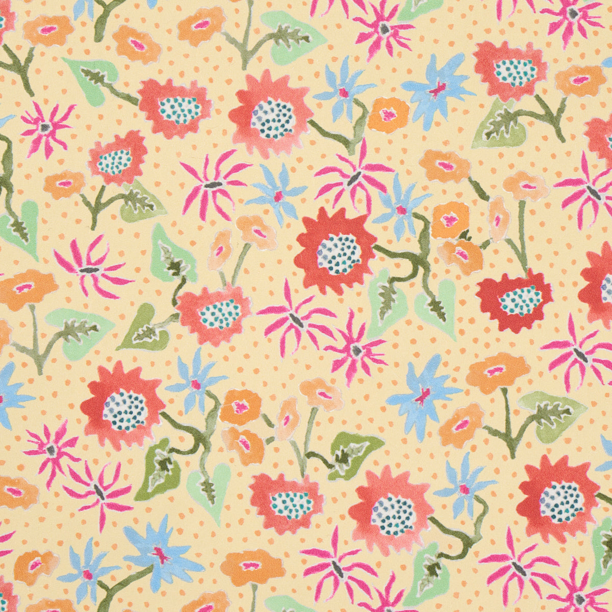 Whimsical floral fabric print: red/pink blossoms, blue starflowers, green stems on pale yellow-beige background.