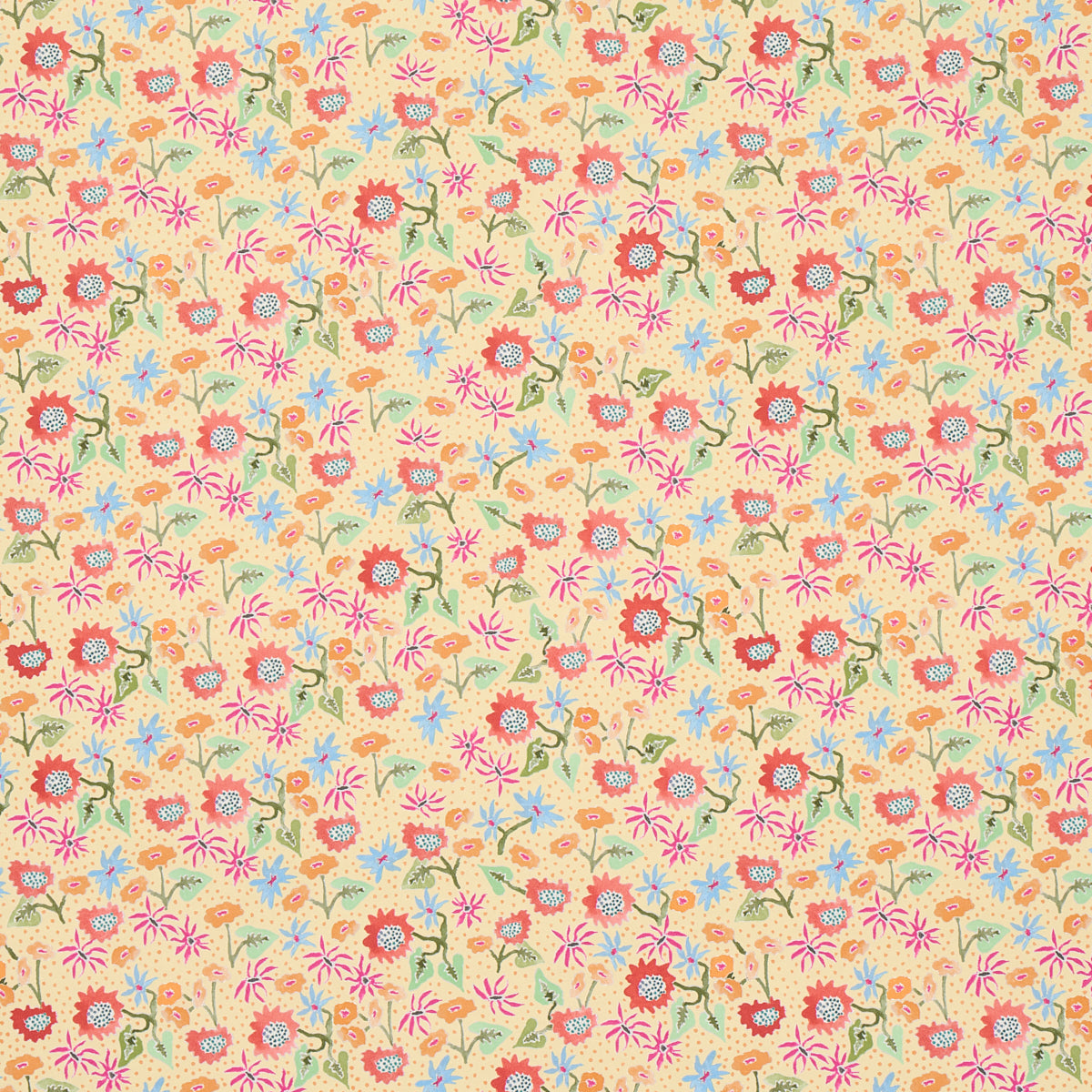 Soft pastel floral fabric pattern with pink, red, blue and orange flowers and green stems on beige background.