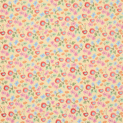 Soft pastel floral fabric pattern with pink, red, blue and orange flowers and green stems on beige background.