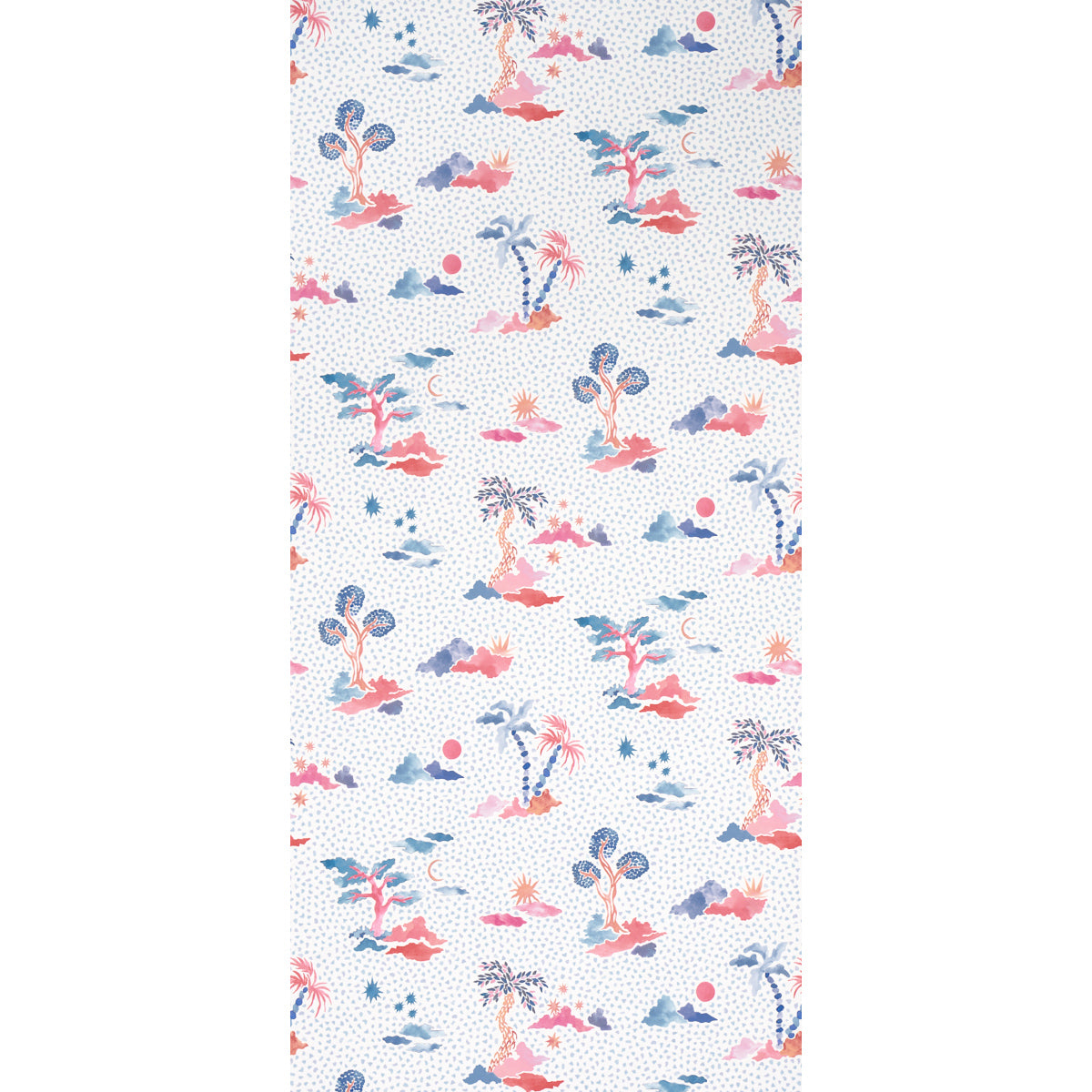 Pastel tropical print with pink and blue palm trees, small islands and dotted background.