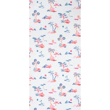 Pastel tropical print with pink and blue palm trees, small islands and dotted background.