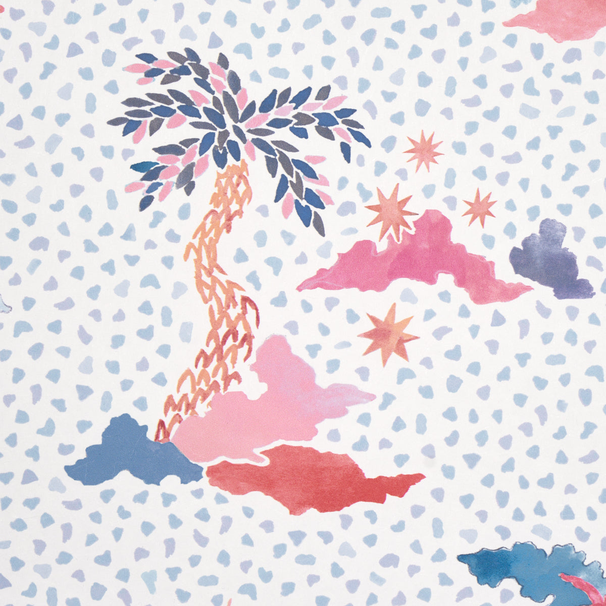 Pastel tropical pattern featuring a palm tree, colorful clouds and starbursts on a pale speckled background.