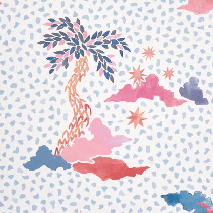 Pastel tropical pattern featuring a palm tree, colorful clouds and starbursts on a pale speckled background.
