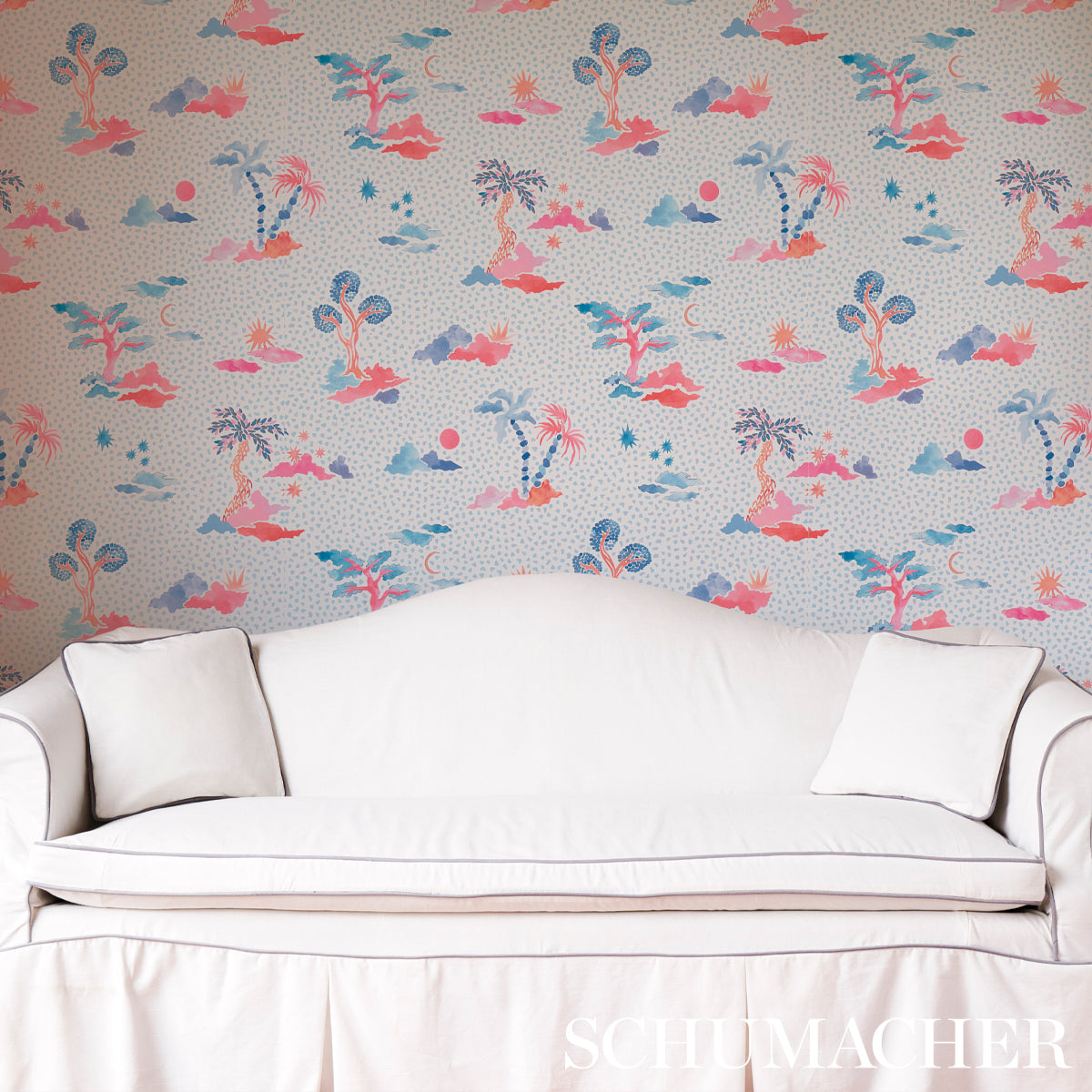 Pastel wallpaper featuring pink and blue palm trees.