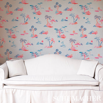 Pastel wallpaper featuring pink and blue palm trees.