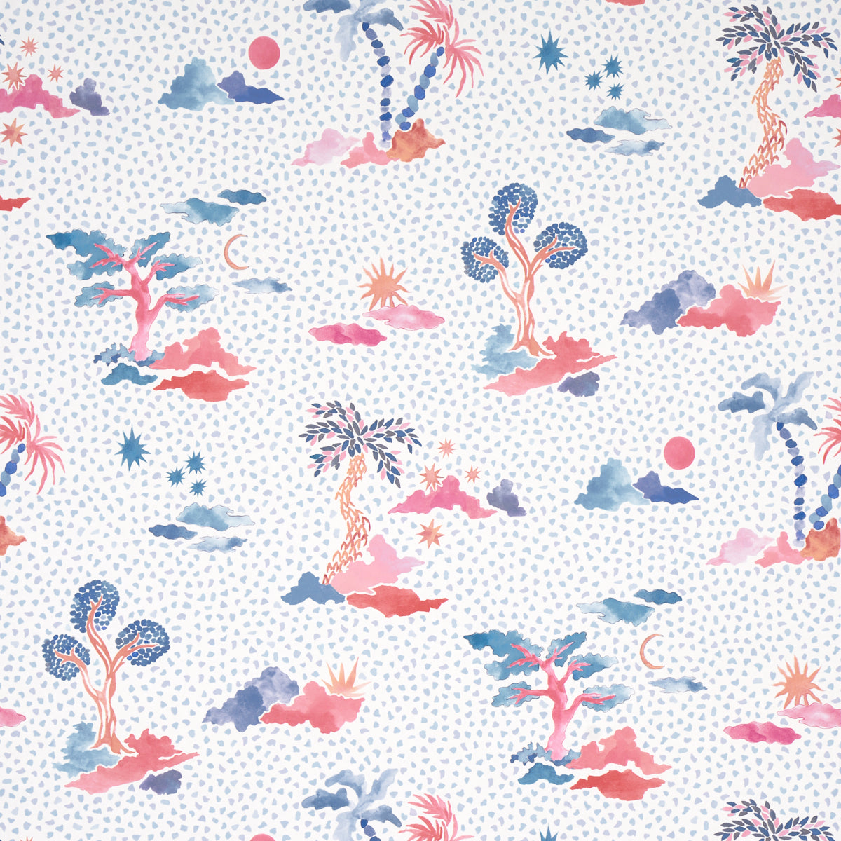 Pastel tropical print with pink, blue and orange palm trees, islands and clouds on a white dotted background.