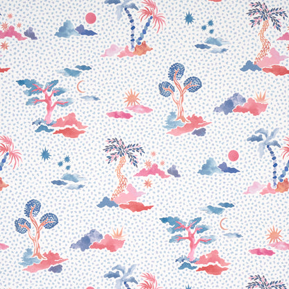 Pastel tropical print with pink, blue and orange palm trees, islands and clouds on a white dotted background.