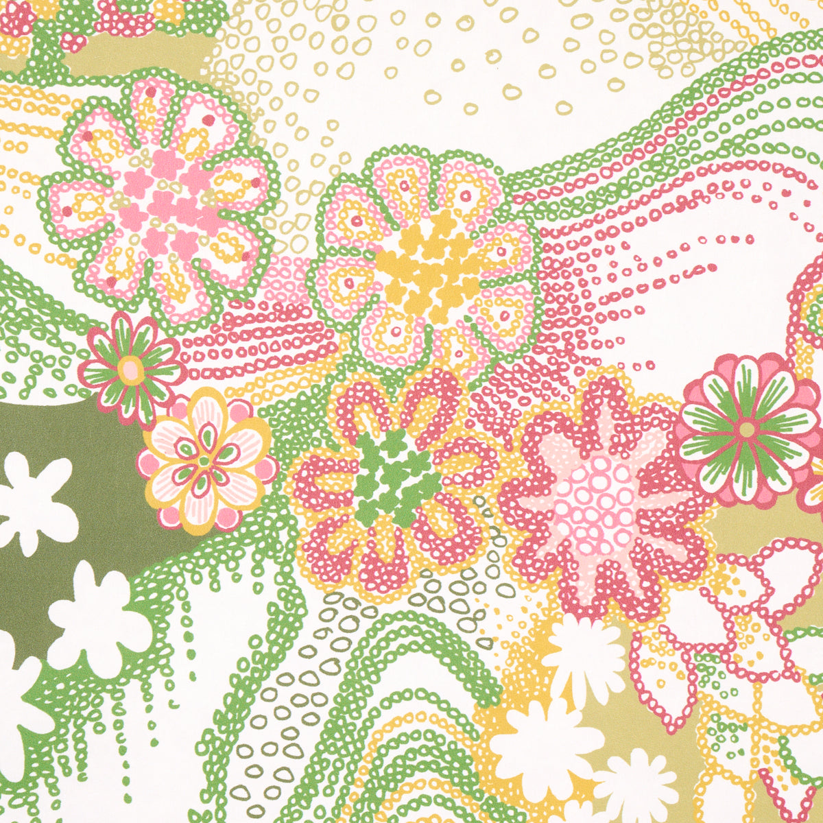 Vibrant floral dotted-print fabric with pink, yellow, green and white daisy-like blooms.