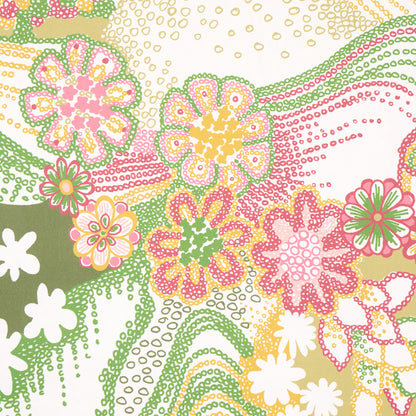 Vibrant floral dotted-print fabric with pink, yellow, green and white daisy-like blooms.