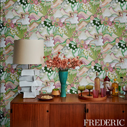 Daisy Chain floral pattern in green and pink on fabric.