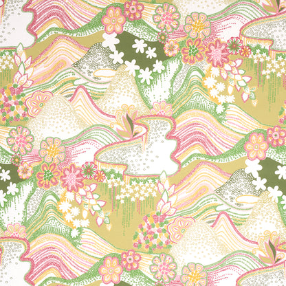 Colorful floral fabric print with wavy pastel ribbons, pink, green, gold and white flowers in a garden pattern.