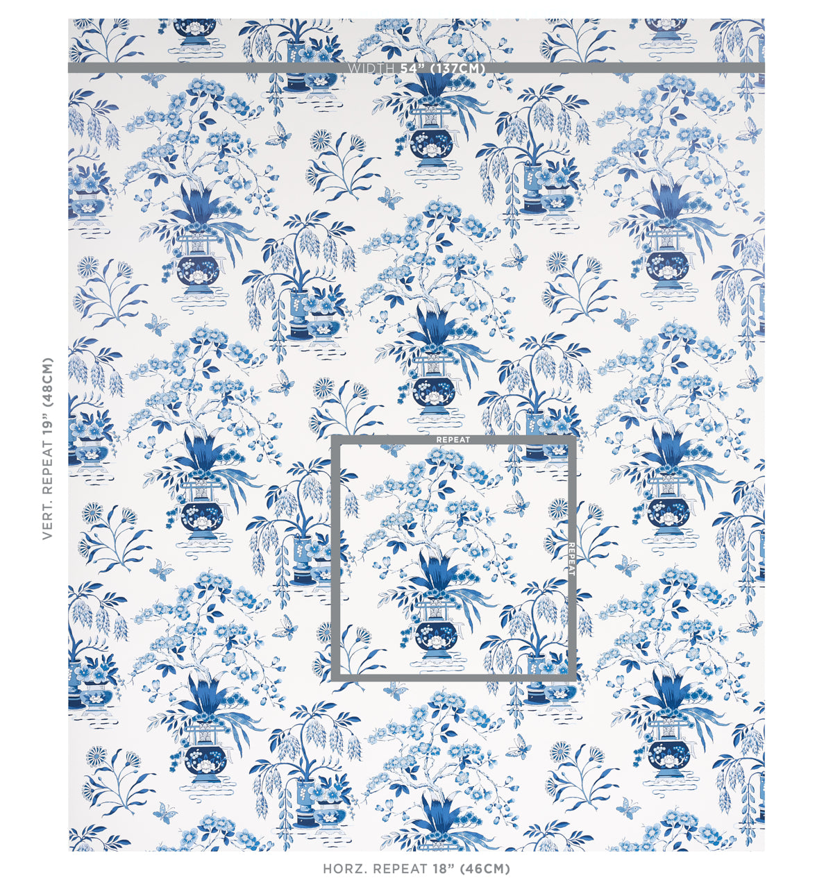 Indigo-blue and white porcelain Ming vase with a blue-and-white chinoiserie floral motif.