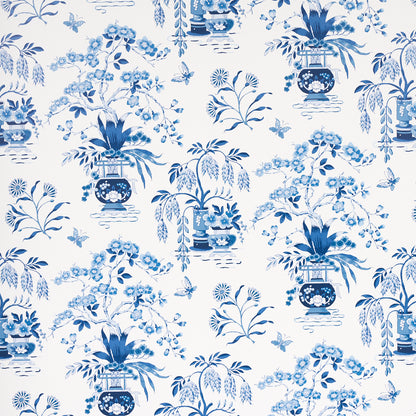 Blue and white chinoiserie floral pattern with vases and leafy branches; repeating decorative design.