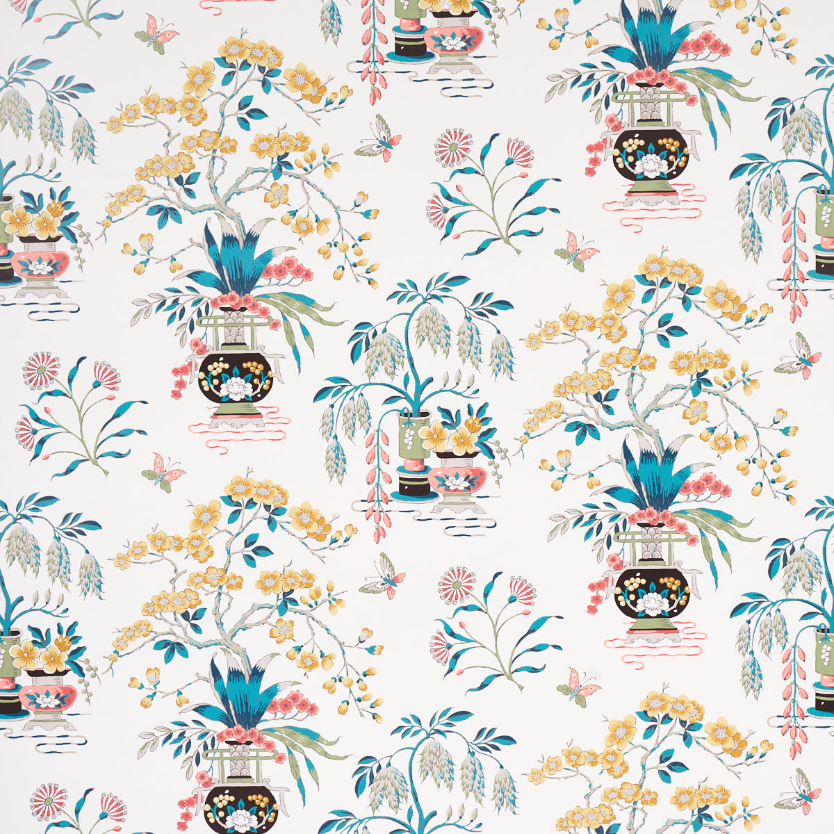 Floral textile pattern featuring turquoise vases and yellow blossoms on white background.