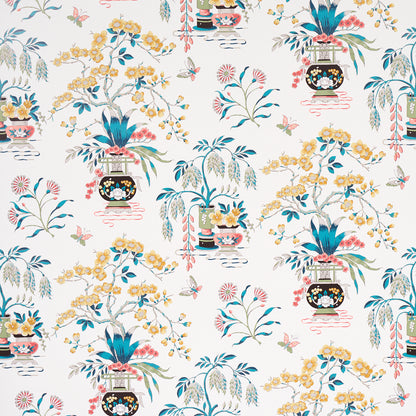 Floral textile pattern featuring turquoise vases and yellow blossoms on white background.