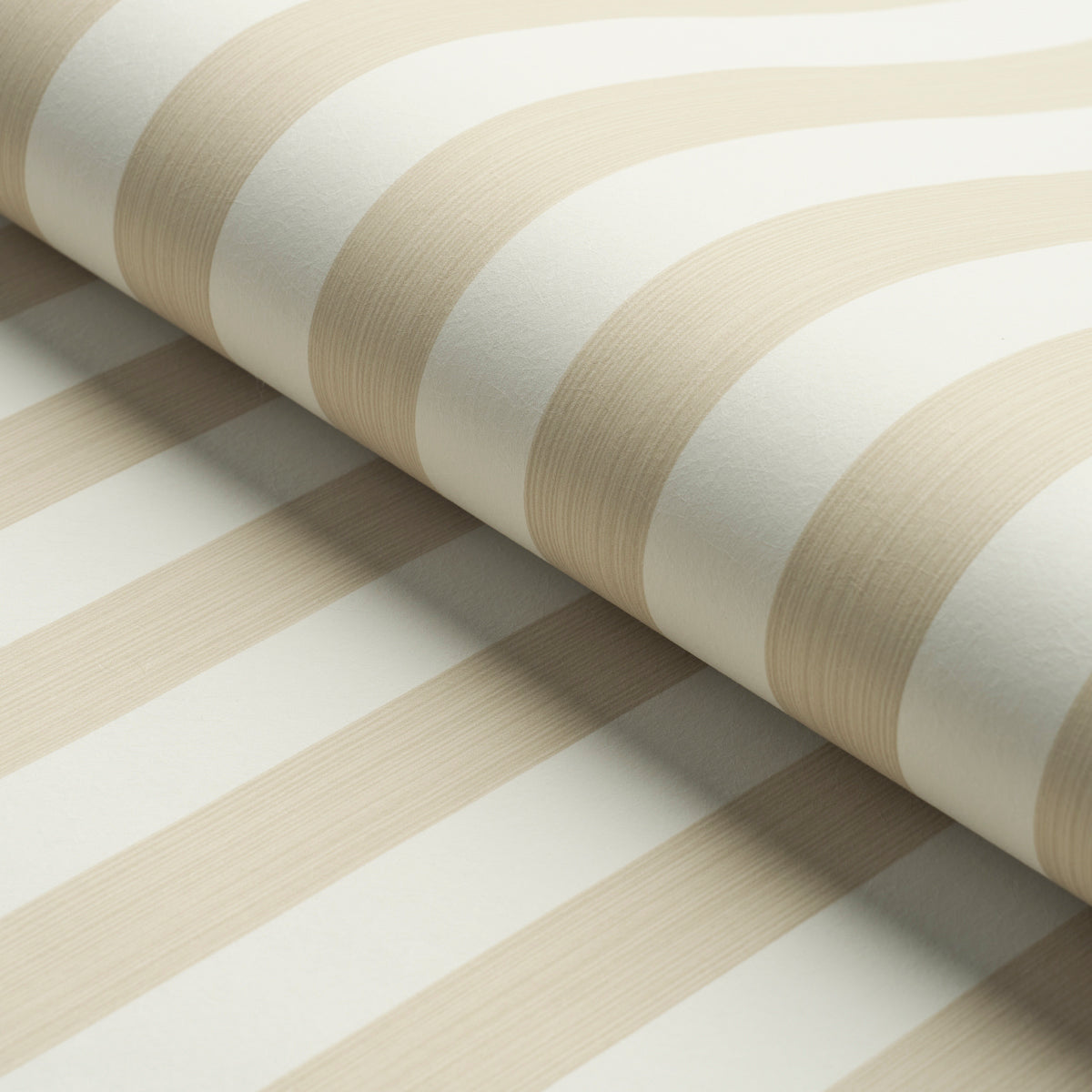 Cream and beige wide-striped wallpaper roll with subtle textured finish.