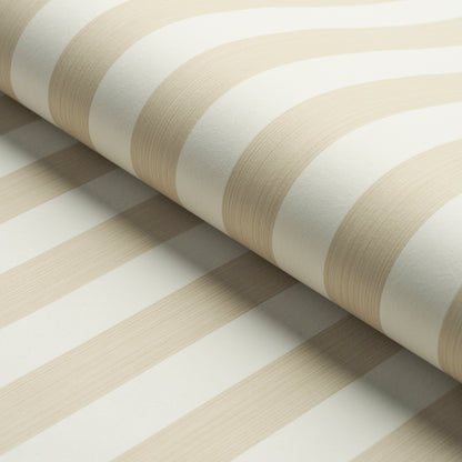 Cream and beige wide-striped wallpaper roll with subtle textured finish.
