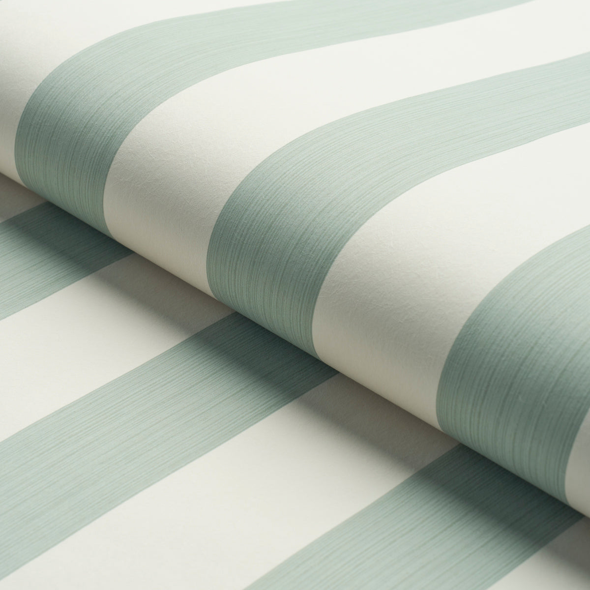 Mint green and white striped wallpaper roll with a brushed texture and wide horizontal stripes.